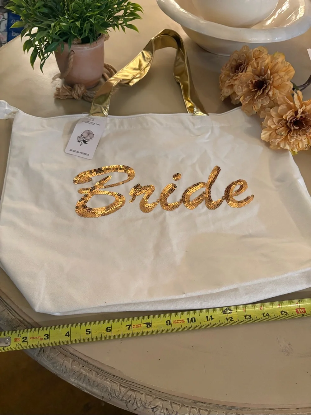 Bride Sequin Canvas Tote in White and Gold